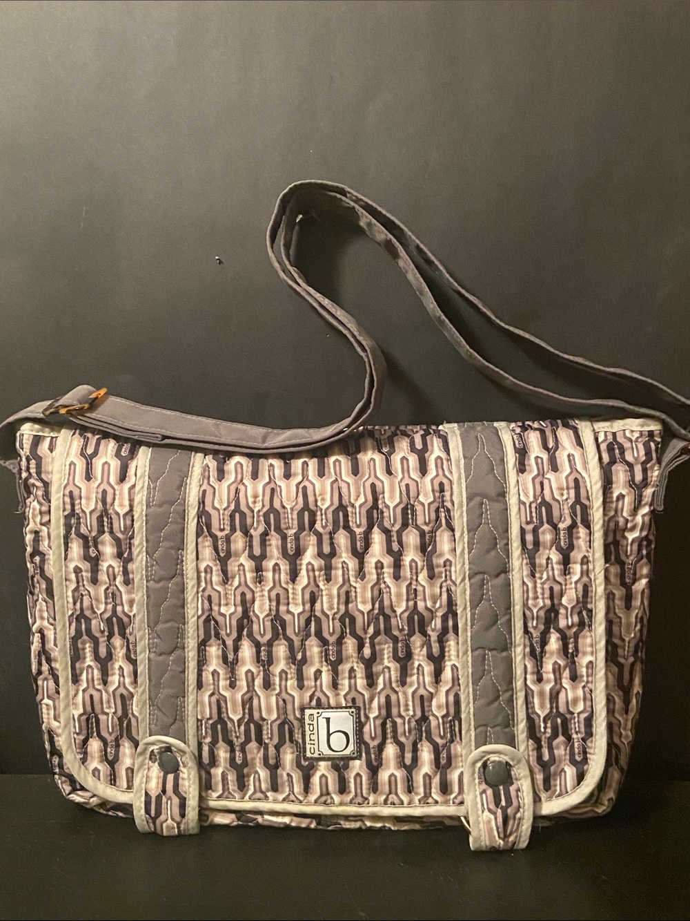 Cinda B Tote Bag, Diaper Shoulder Bag Gray Quilted Adjustable Strap Snap Close